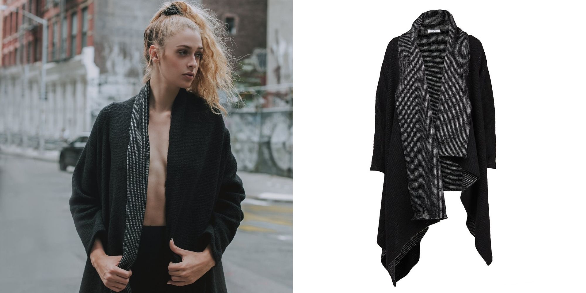 woman wearing black upcycled wool jacket ethically made by Malaika New York