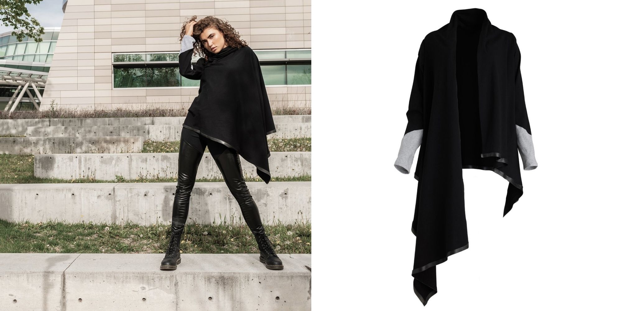 woman of colour wearing black asymmetrical cardigan ethically made by Malaika New York