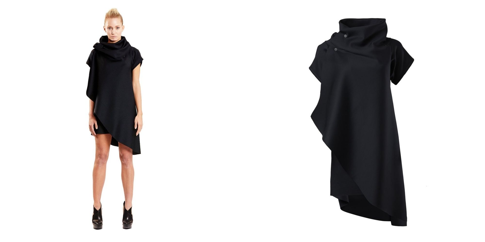 woman wearing black zero waste dress sustainably made by Malaika New York