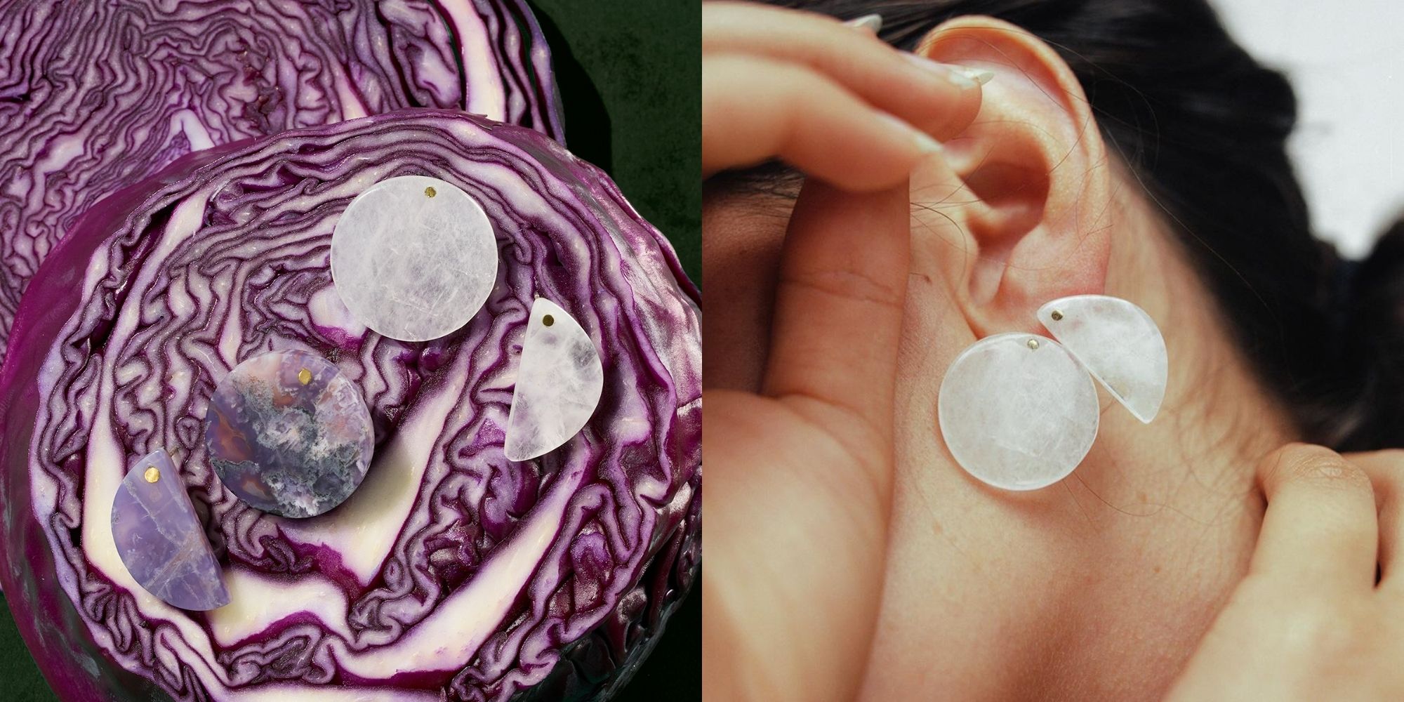 person wearing circle and semicircle precious stone and recycled brass earrings by Raven + Lily