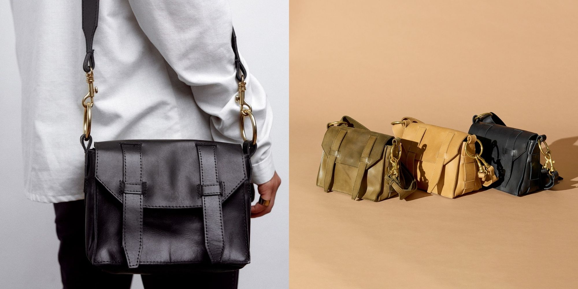 Day flap bags in green, gold, and black laid out and made by Raven + Lily artisans