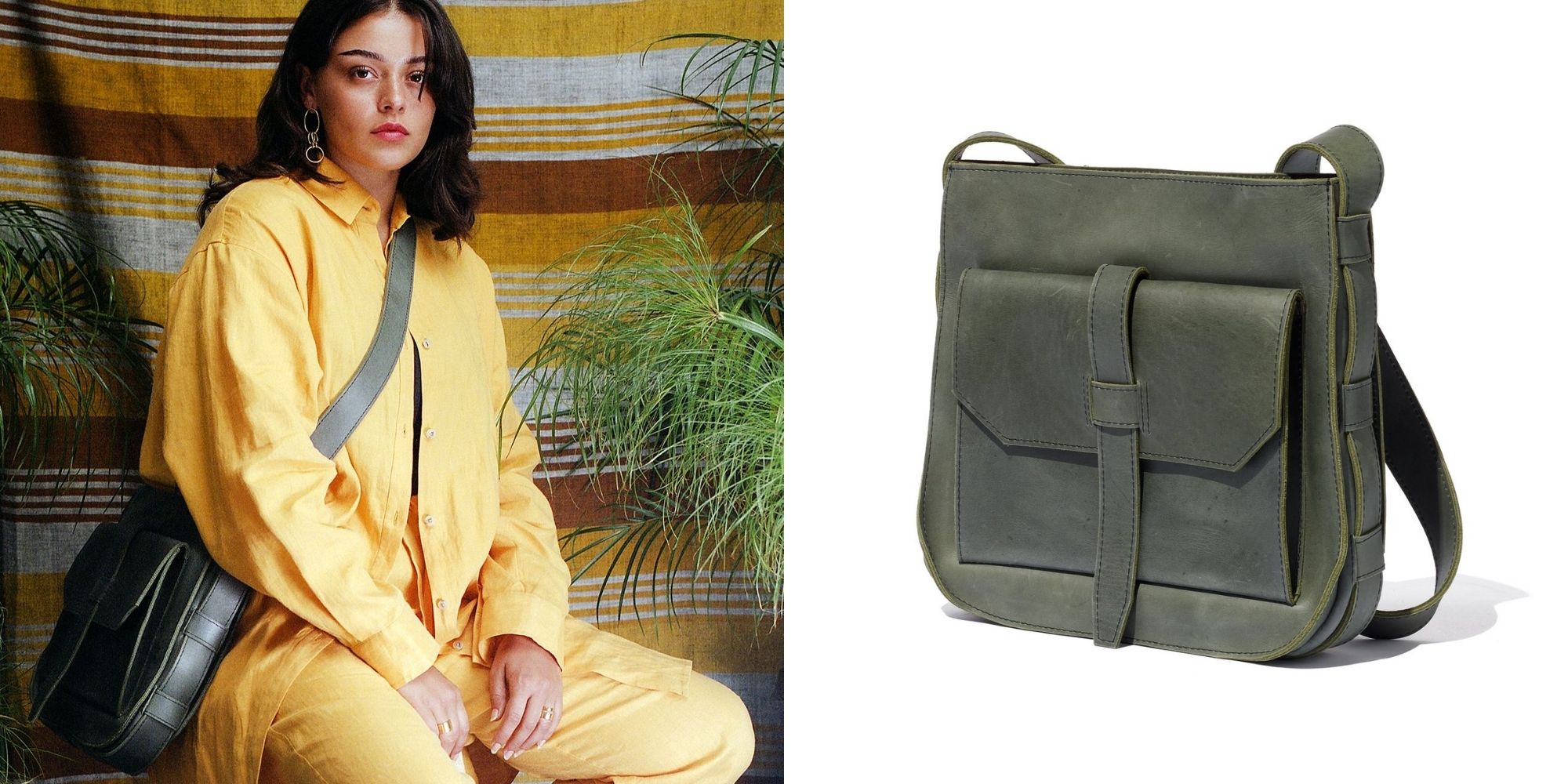 woman wearing yellow jumpsuit and green hobo crossbody bag ethically made by Raven + Lily