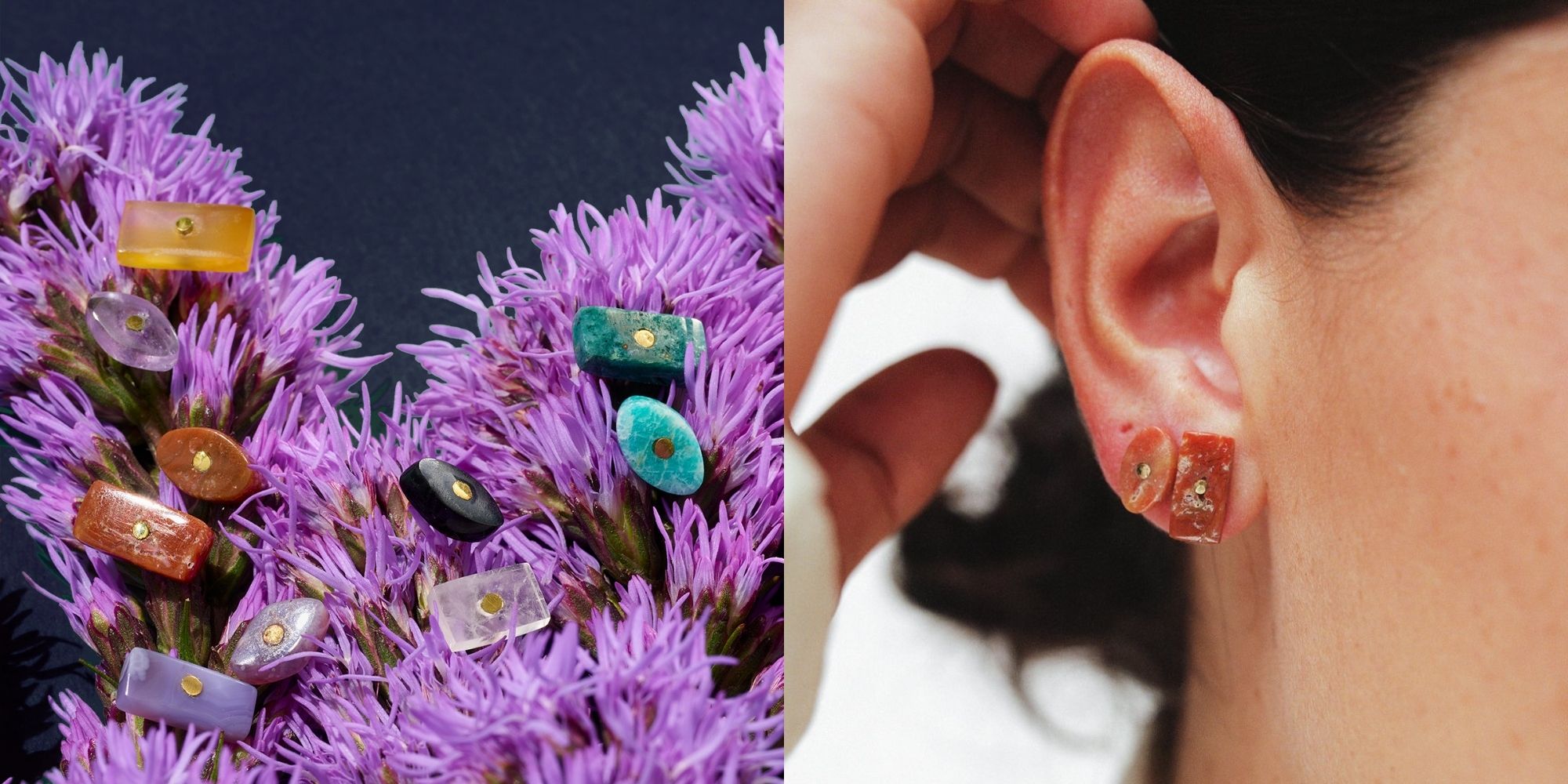 person wearing Kamali precious stone studs ethically made by Raven + Lily