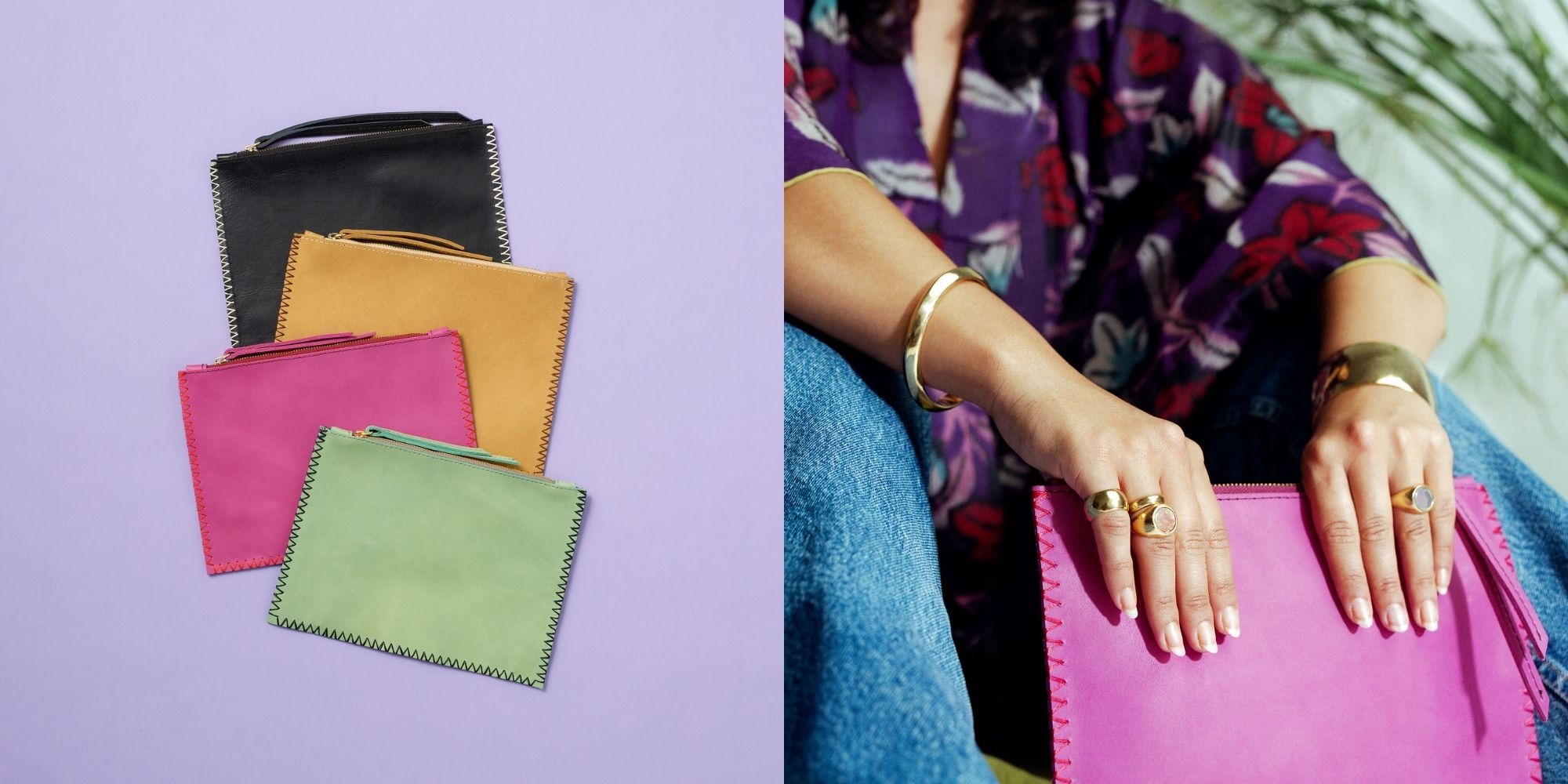 colourful collection of sustainably crafted Mara leather pouches by Raven + Lily