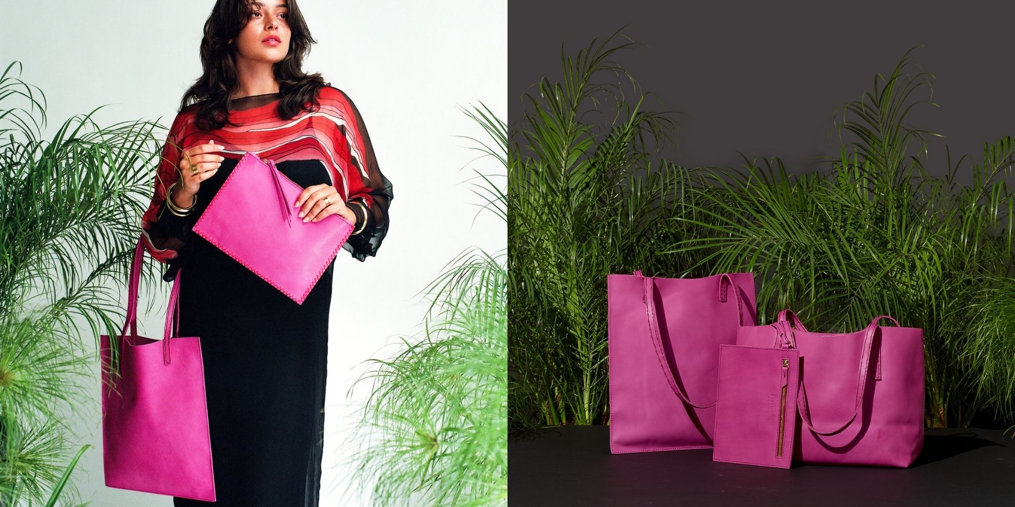 woman carrying bright pink Mulu handbags ethically made by Raven + Lily artisans