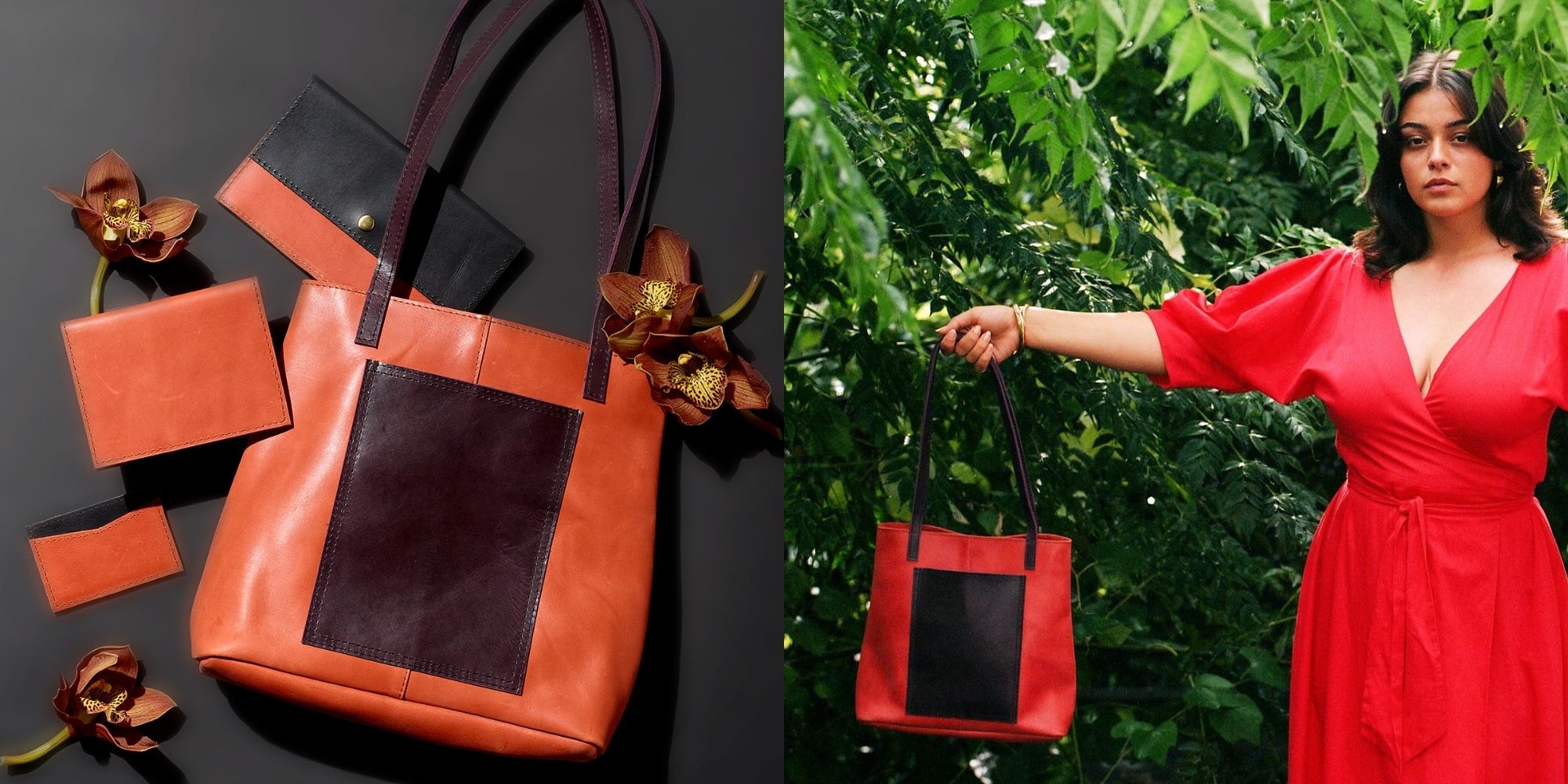 Red and black remnant handbag collection made by eco brand Raven + Lily