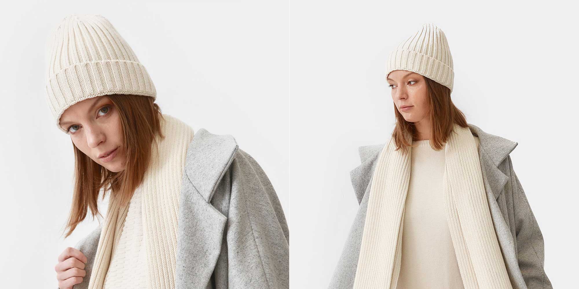 woman wearing beige ribbed sustainable fall staples beanie and scarf by Mila.Vert