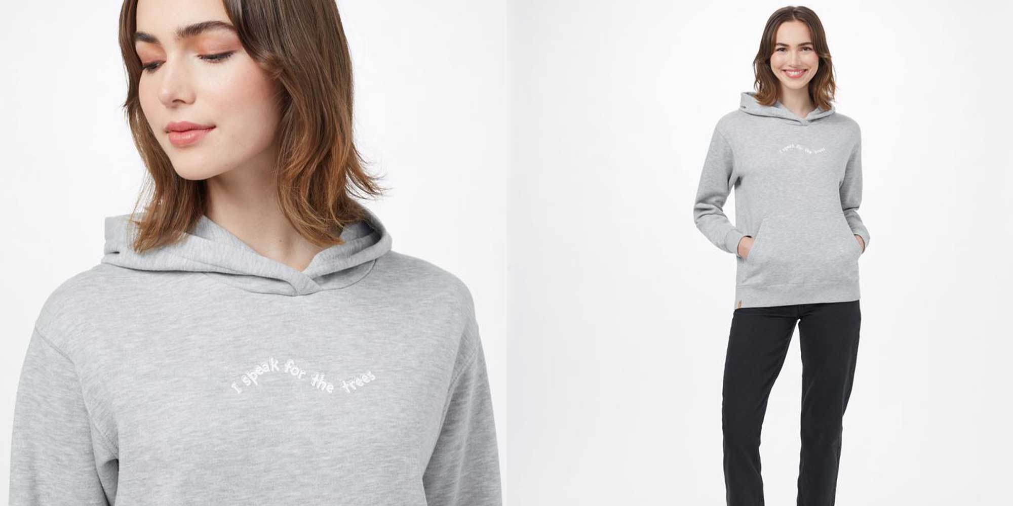 woman wearing grey sustainable hoodie by tentree