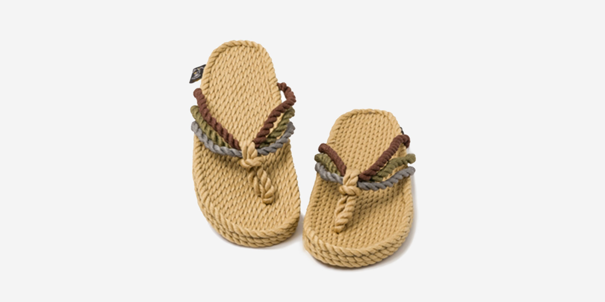 A pair of natural rope sustainable thongs with tricolour brown, green, and blue strapping on top of the foot by Nomadic State of Mind.