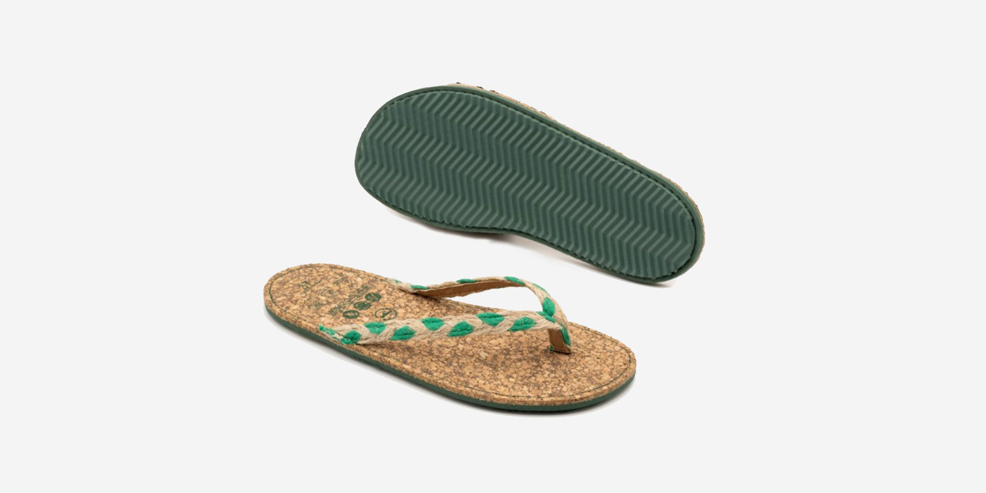 A pair of cork and green sustainable flip flops made by Vesica Piscis.