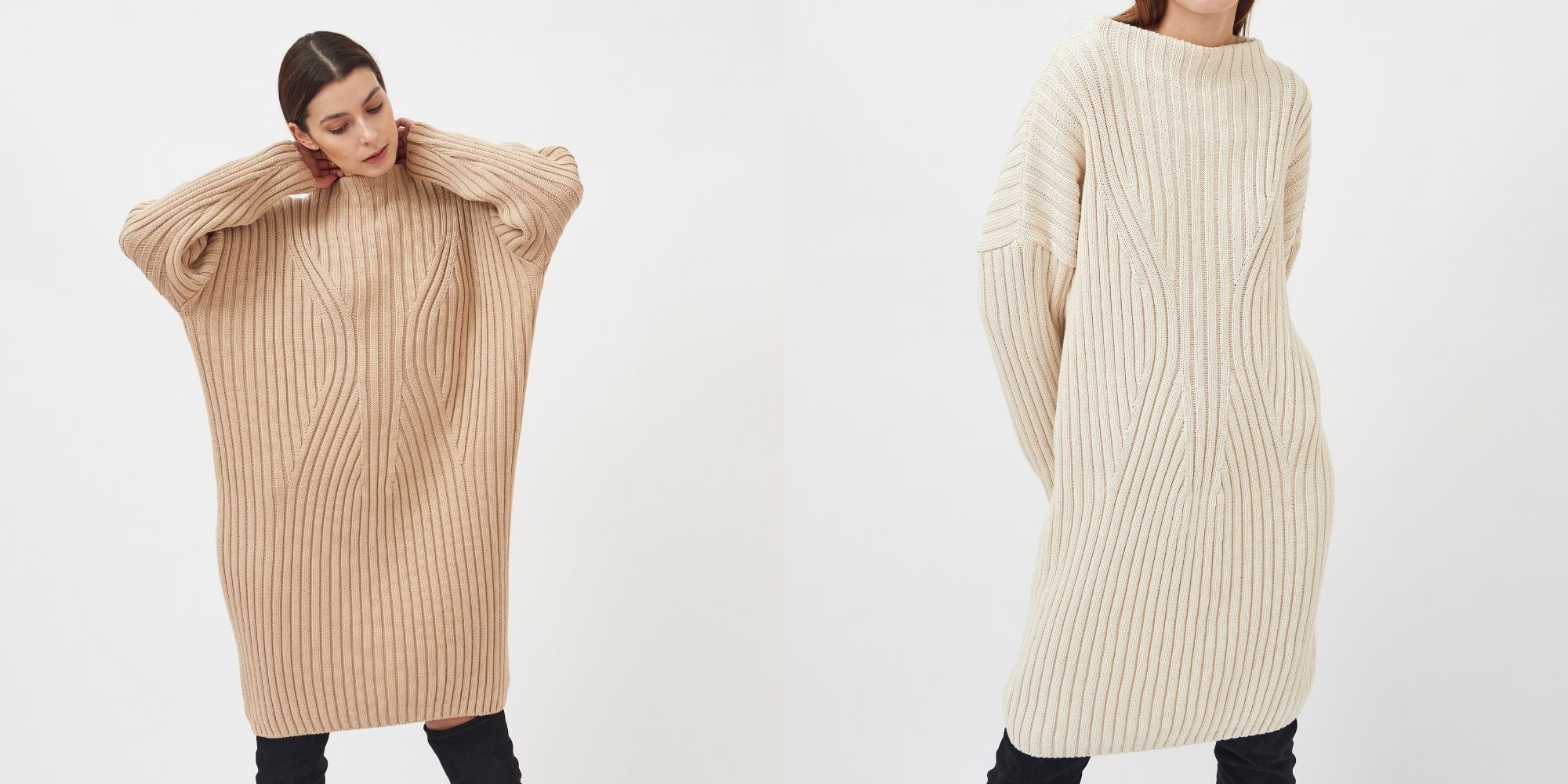 woman wearing a sand and cream eco-friendly knitted sweater dress by Mila.Vert