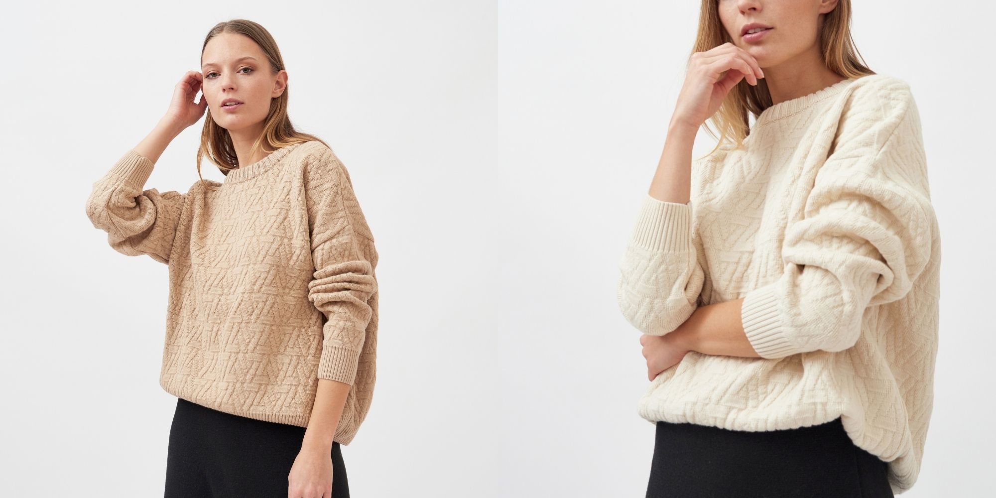 woman wearing a sand and cream sustainable knitted pullover by Mila.Vert