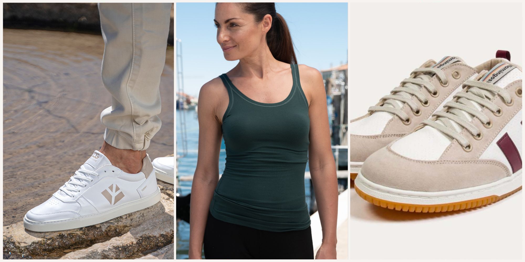 Three images side by side of alternatives to Nike, including sneakers by COG and Flamingos' Life and an activewear outfit by CasaGIN.