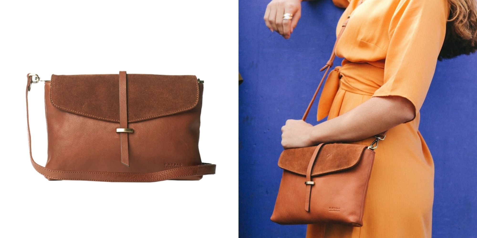 A classic brown suede long strap handbag sustainably made by O My Bag.