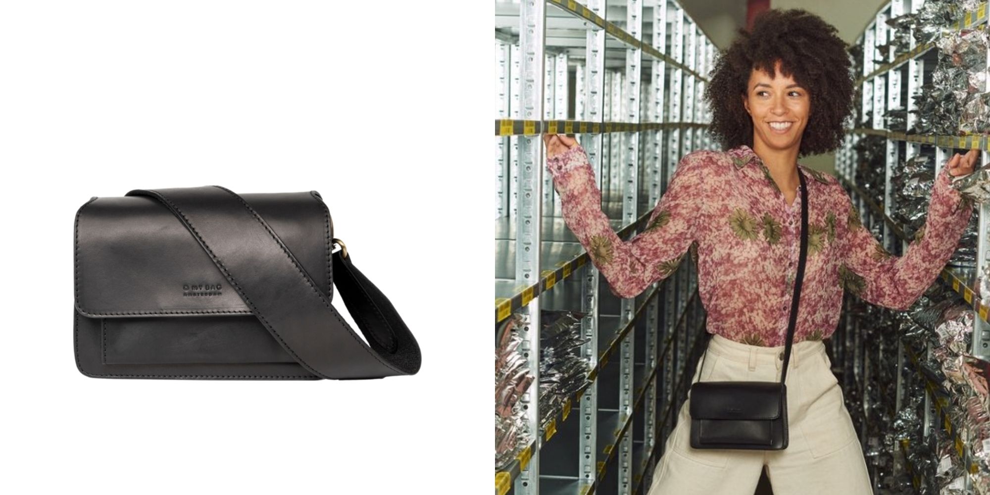 A miniature crossbody black leather handbag by O My Bag.