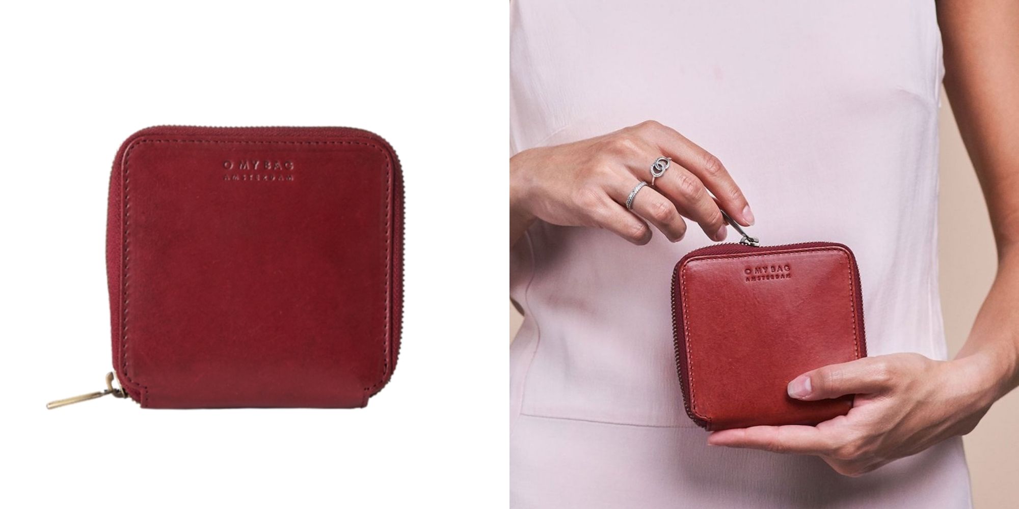 Red classic leather square wallet by O My Bag.
