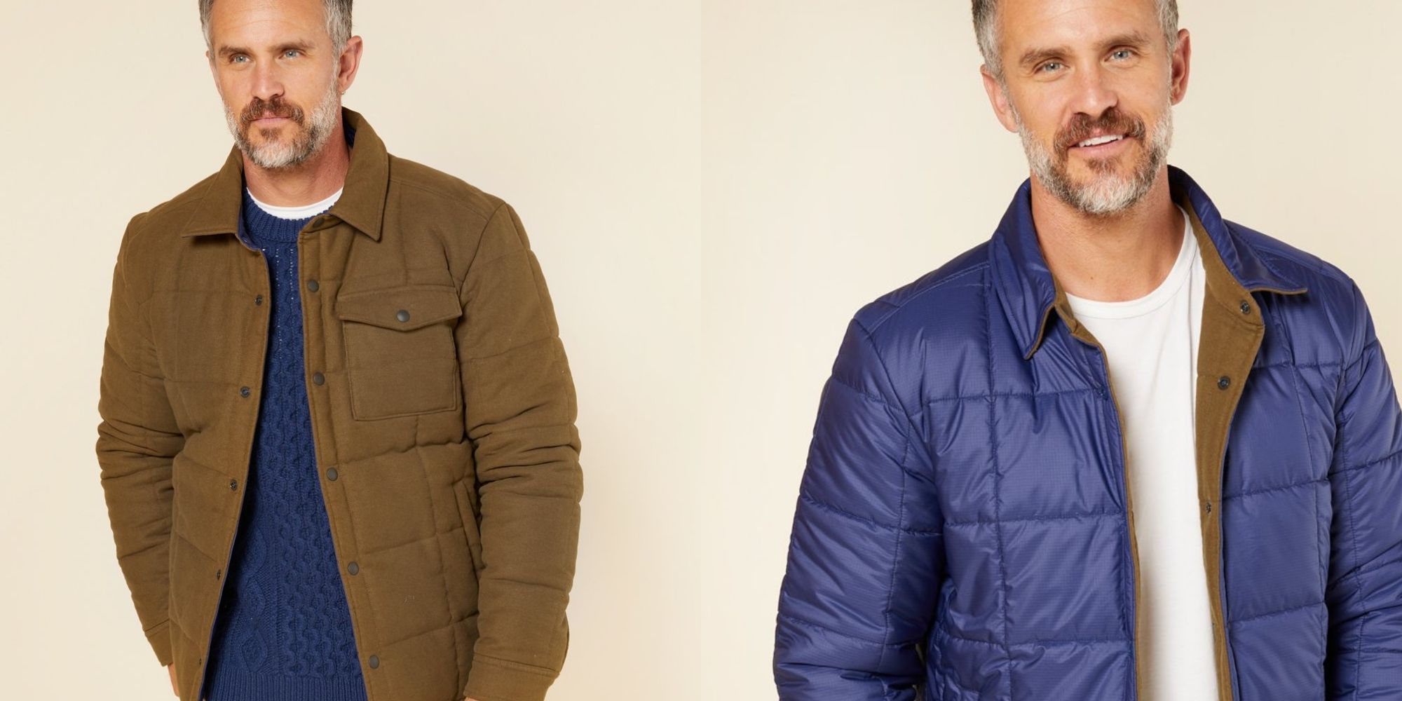 Person wearing brown and navy blue reversible puffer jacket made sustainably by Outerknown.