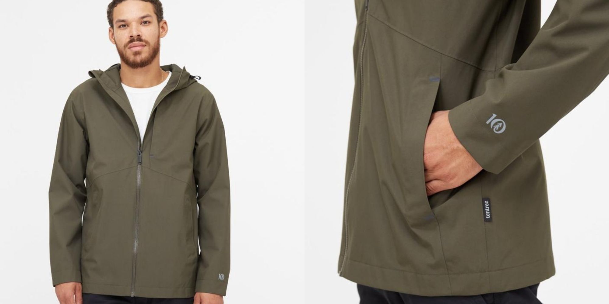 man wearing green sustainable rain jacket from sustainable outerwear tentree collection