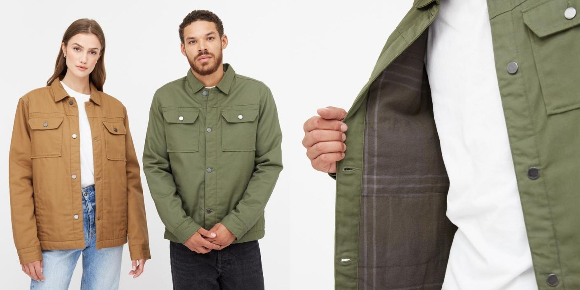 people wearing beige and khaki sustainable canvas unisex jacket by tentree
