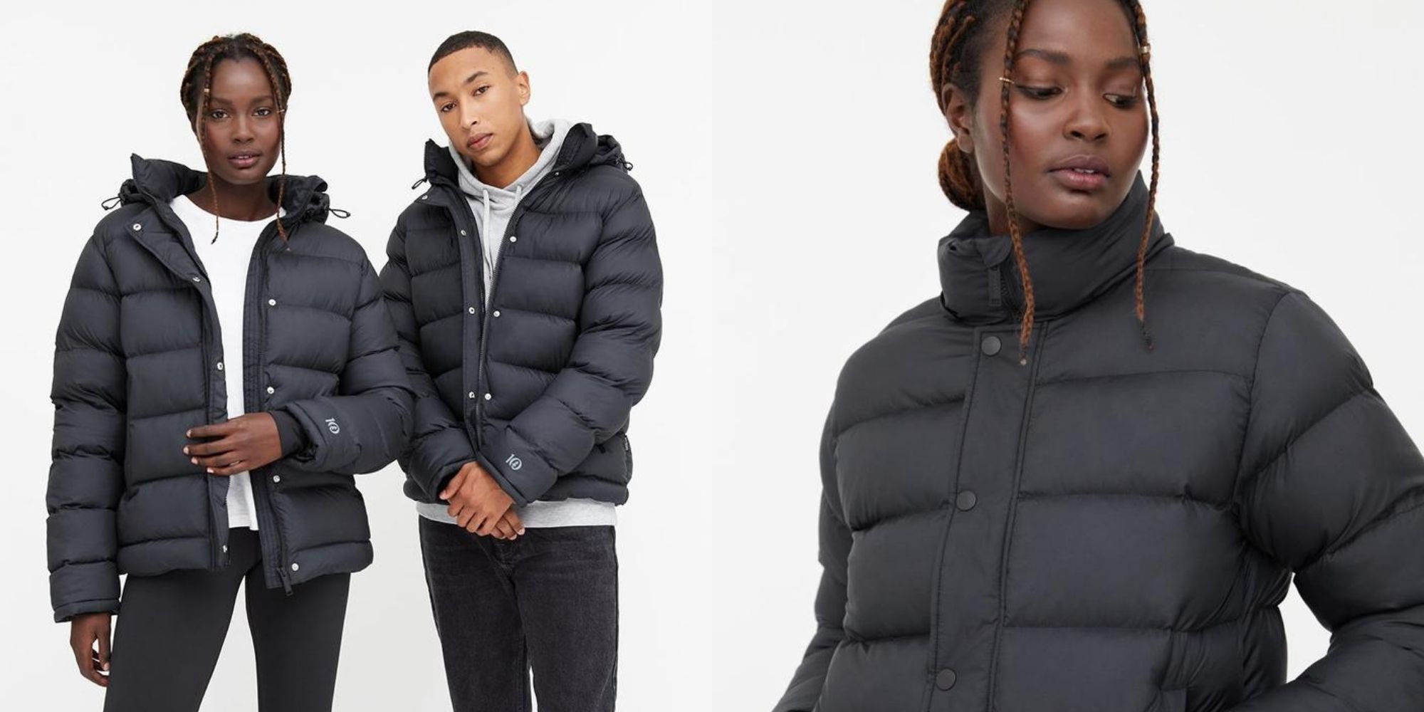 people wearing black unisex puffer jacket made eco-friendly by tentree