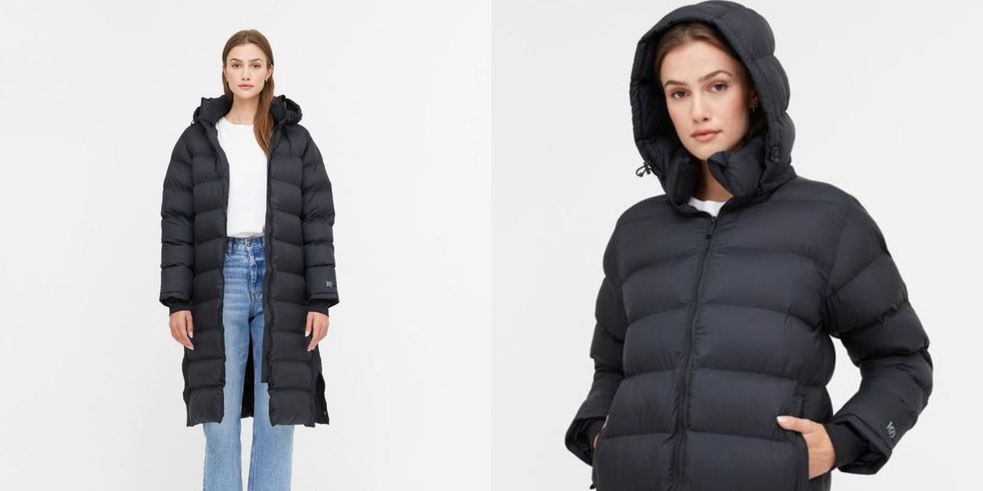 woman wearing long ethical puffer jacket by tentree