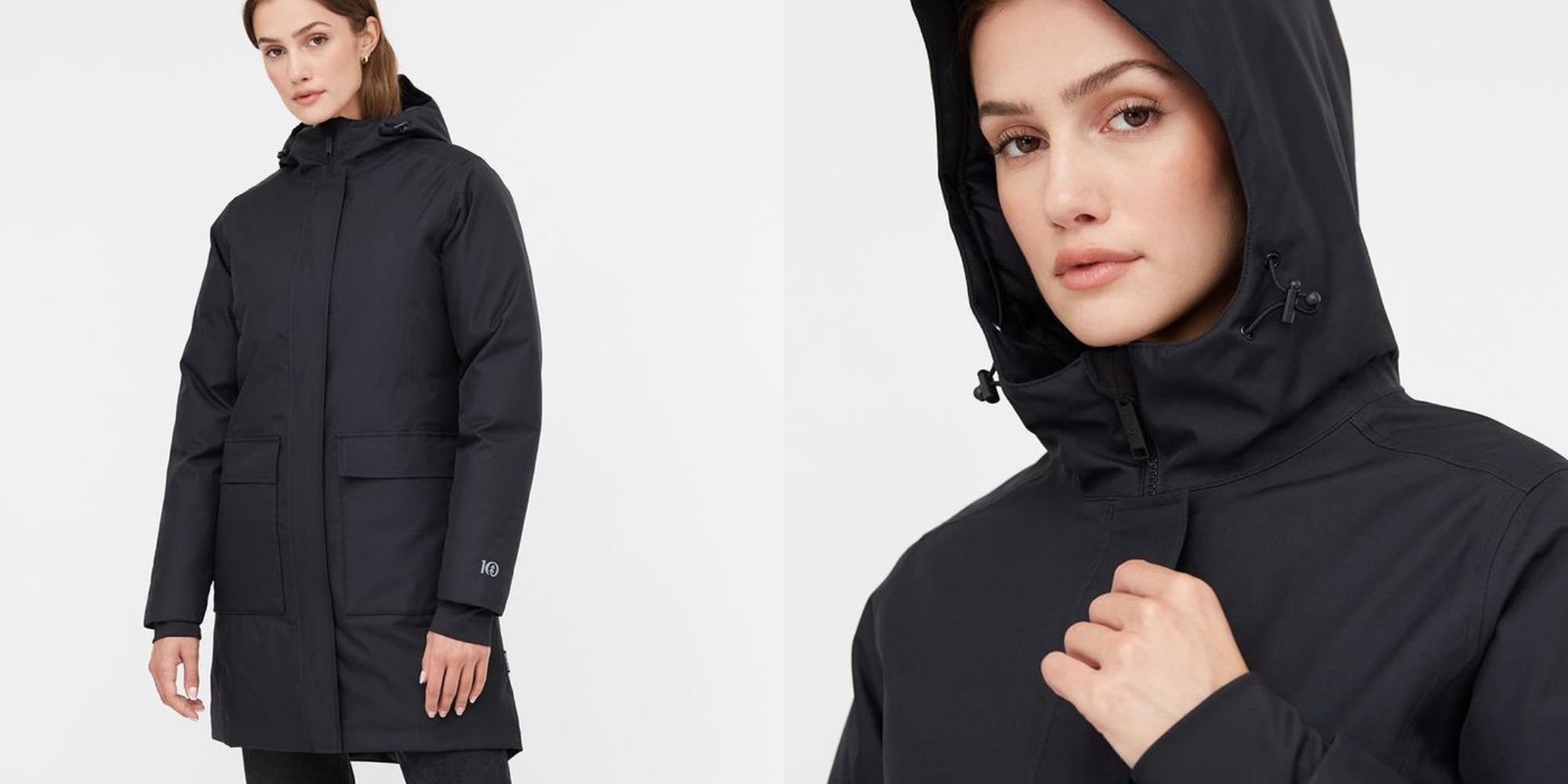 woman wearing black daily parka sustainably made by tentree for new sustainable outerwear collection
