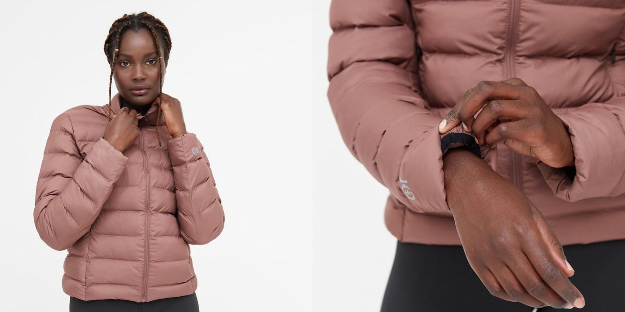 woman of colour wearing pink packable sustainable outerwear puffer jacket by tentree