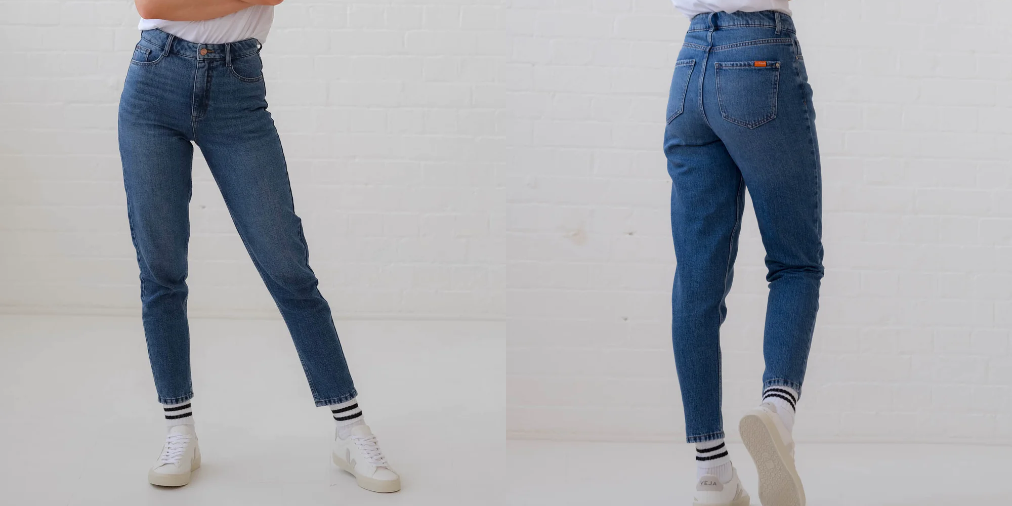 Someone in mom dark wash organic jeans by Yes Friends.