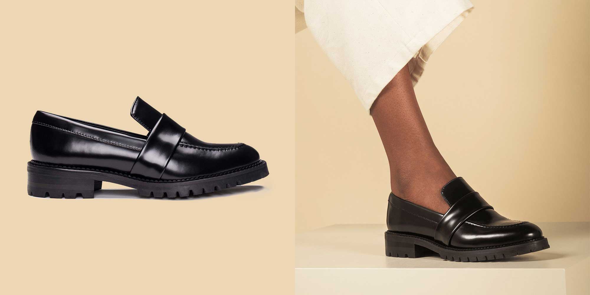 close up of black chunky vegan loafers by nae