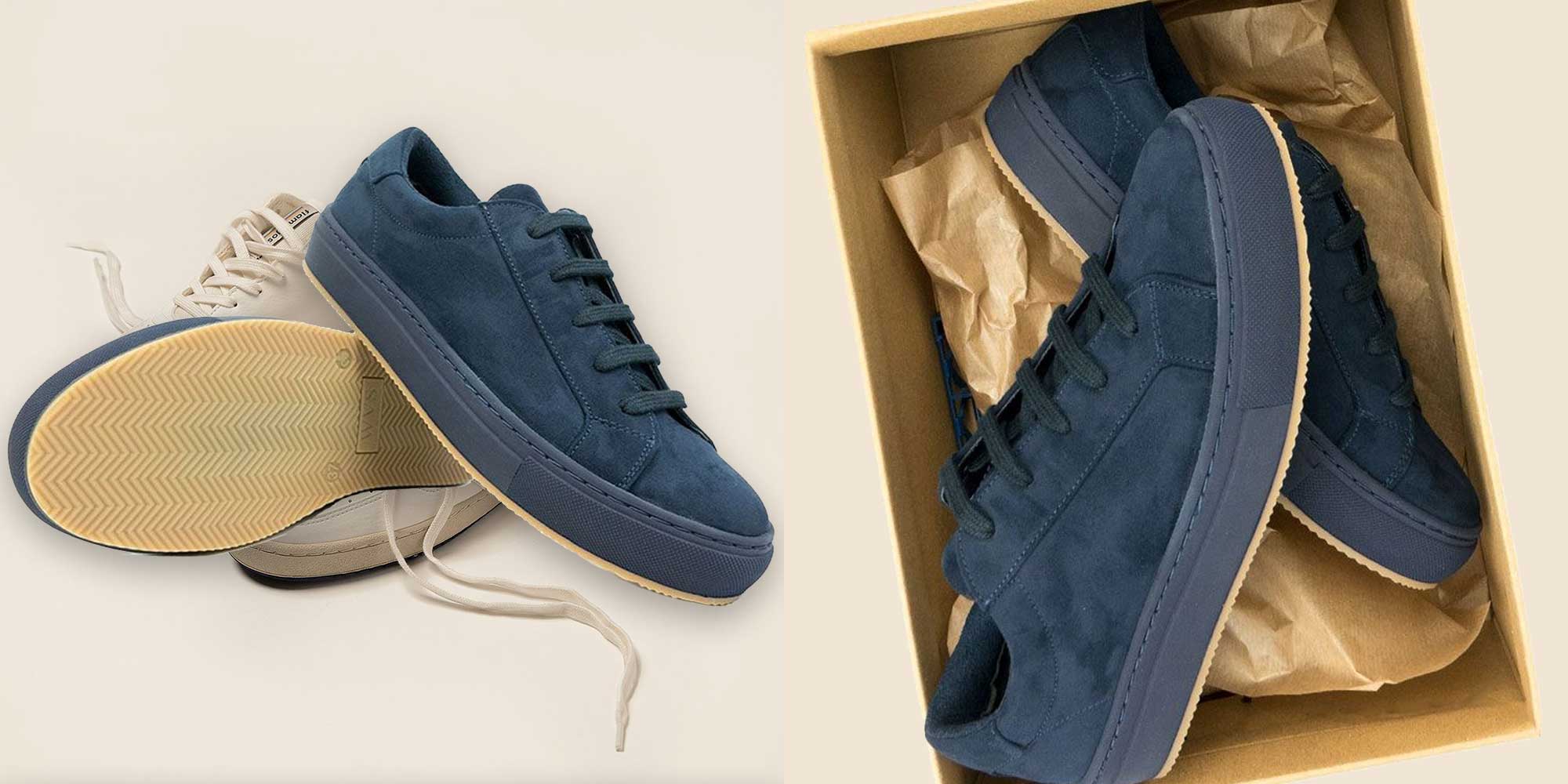 close up of blue vegan suede sneakers by will's vegan store