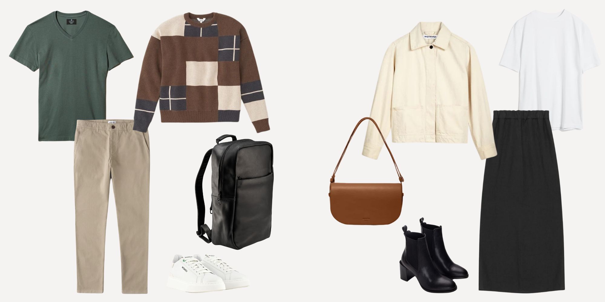 A capsule closet moodboard featuring flatlay images of clothing from a variety of responsible brands to make up one womenswear and one menswear outfit.
