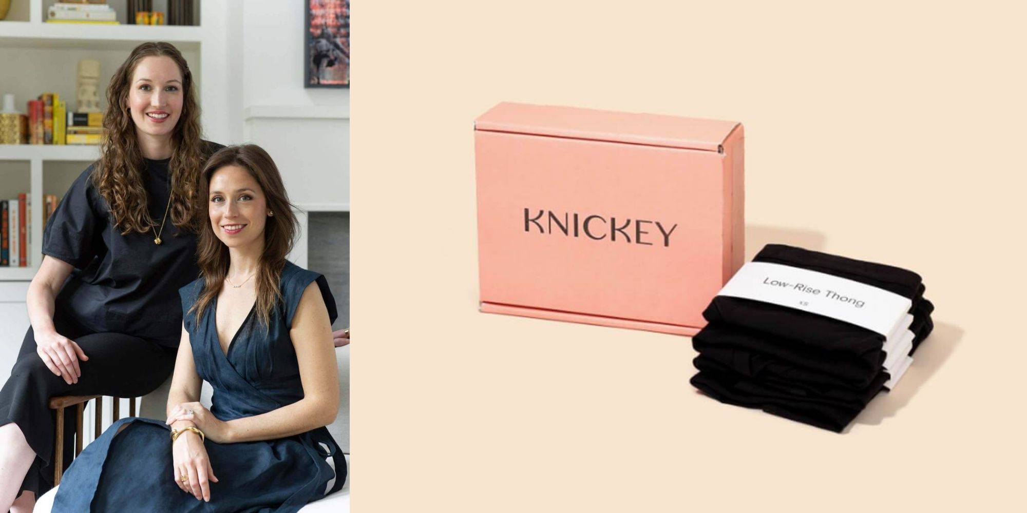 Two founders of Knickey next to a product shot of the black low thong.