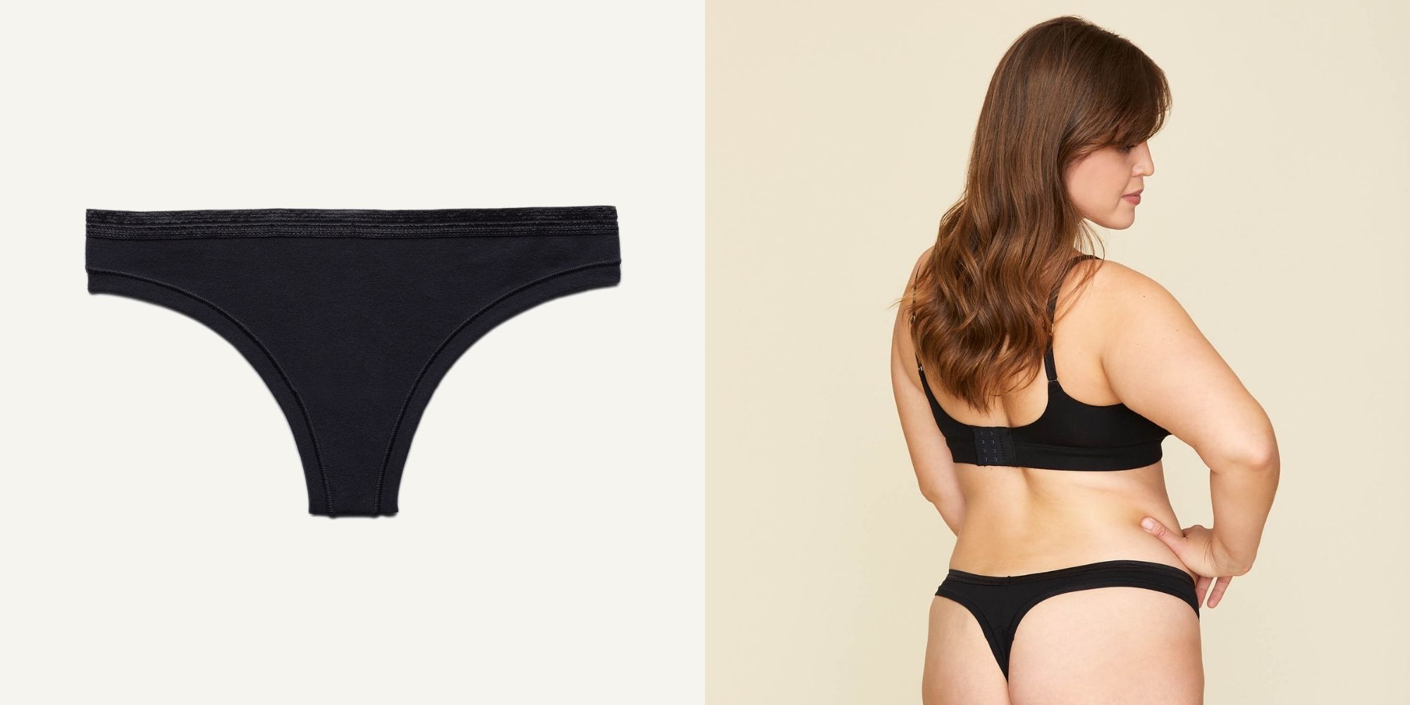 Person wearing sustainable low rise thong by Knickey.