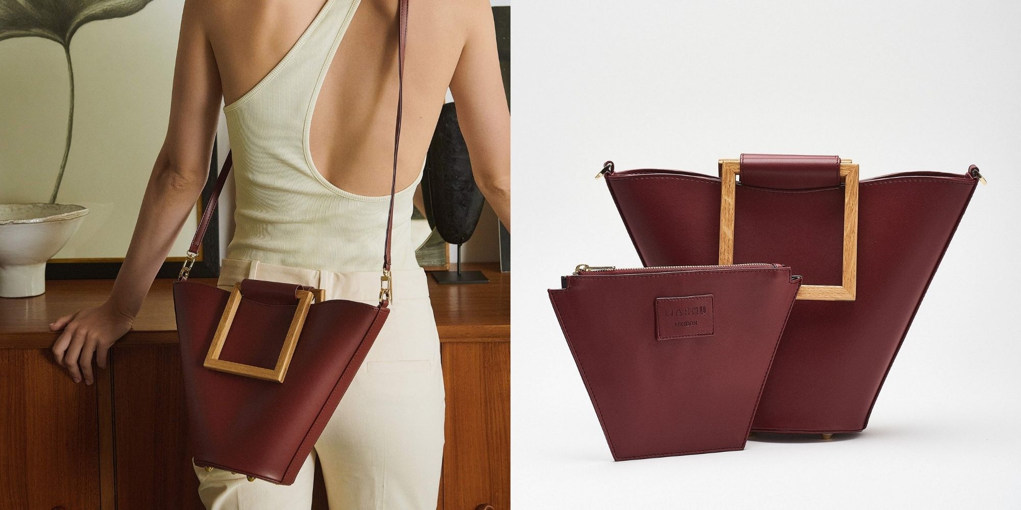 Wine red vegan leather handbag by Mashu.