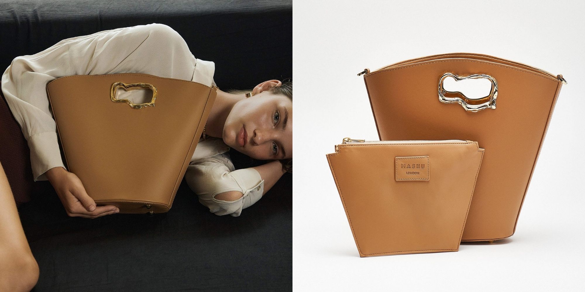 Large camel tote with wavy gold brass handle, made vegan in Greece by Mashu.