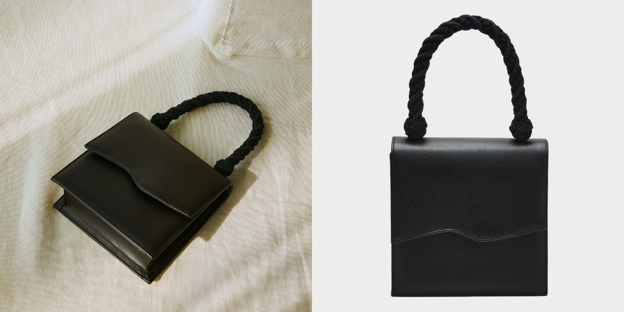Small black vegan leather handbag with Greek cotton handle, ethically made by Mashu.