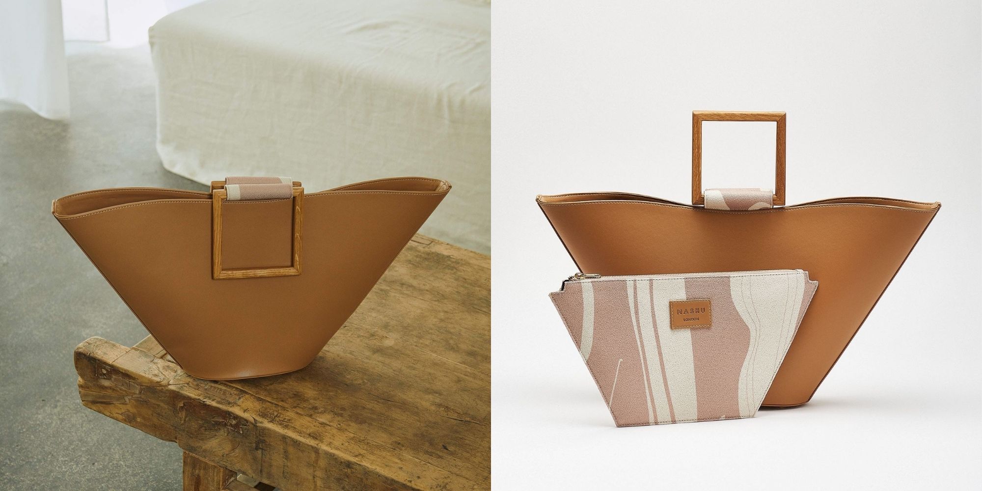 Camel triangle vegan handbag with oak wood handles sustainably made by Mashu.