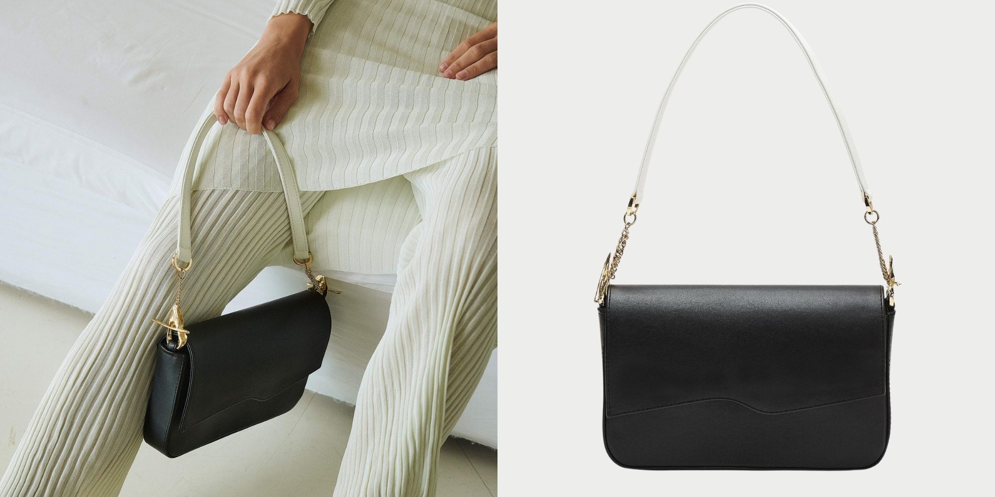 Black baguette-style vegan handbag by Mashu.