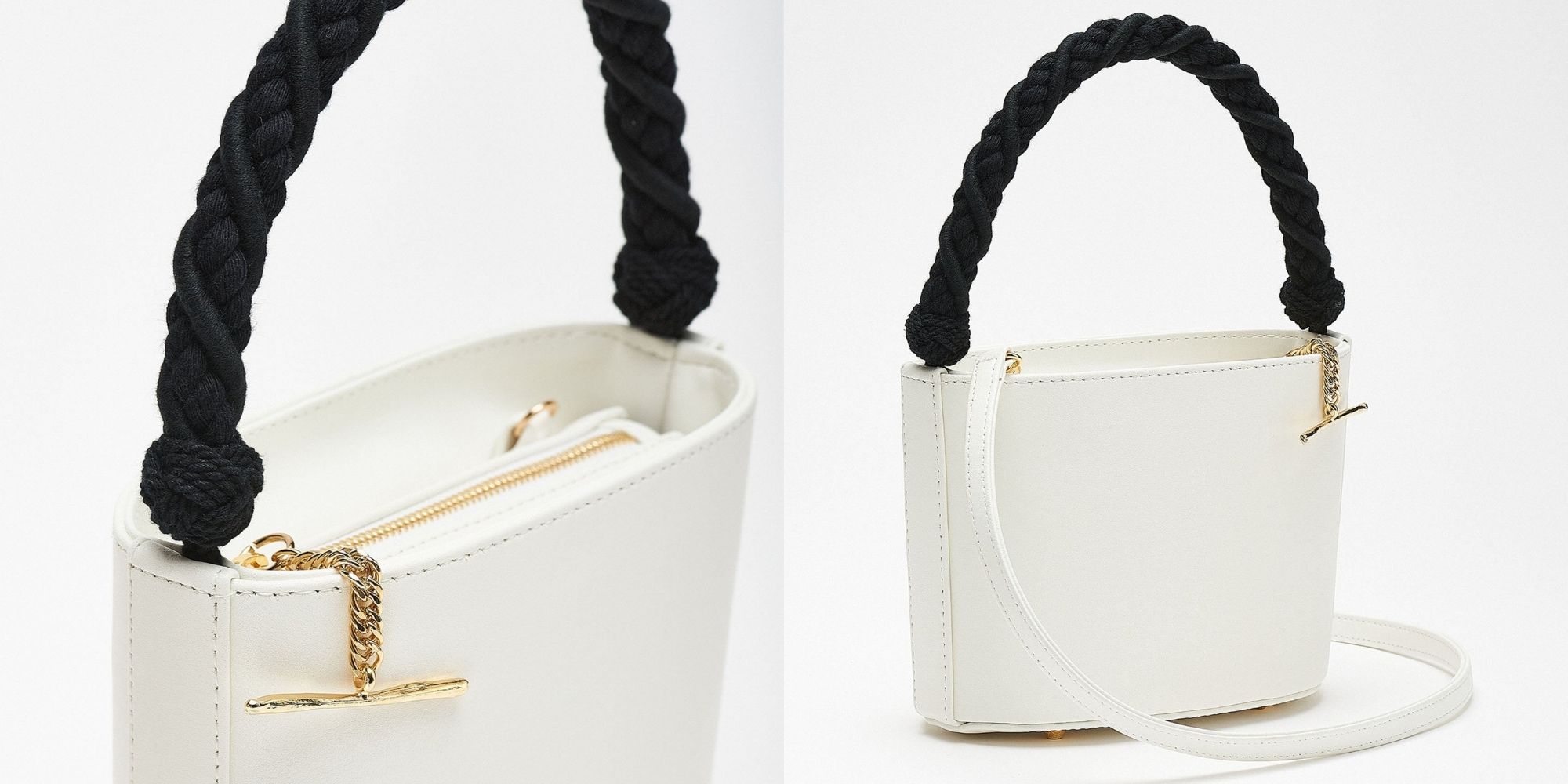 White handbag with black Greek cotton handle and gold trims, made by Mashu.