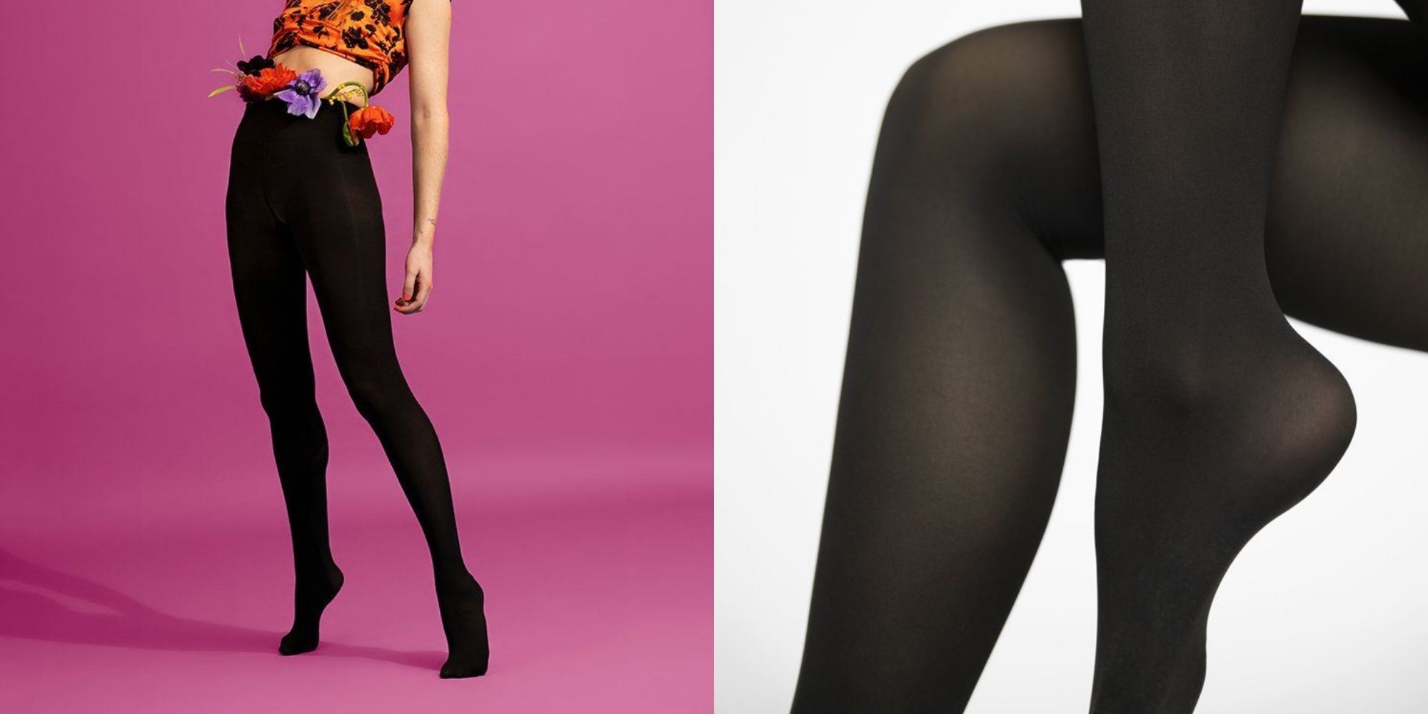 Person wearing semi-sheer black Cecilia pantyhose by Swedish Stockings.