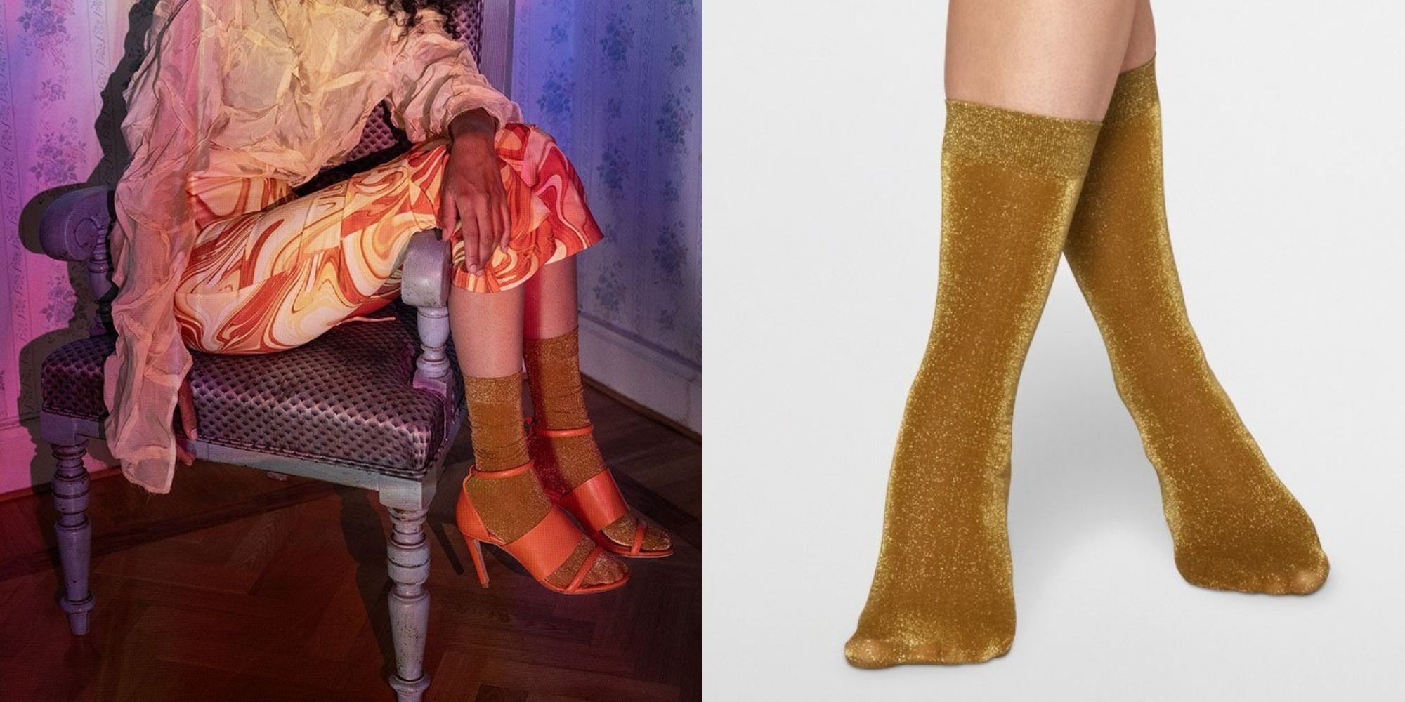 Person wearing gold glittery ethically made socks by Swedish Stockings.
