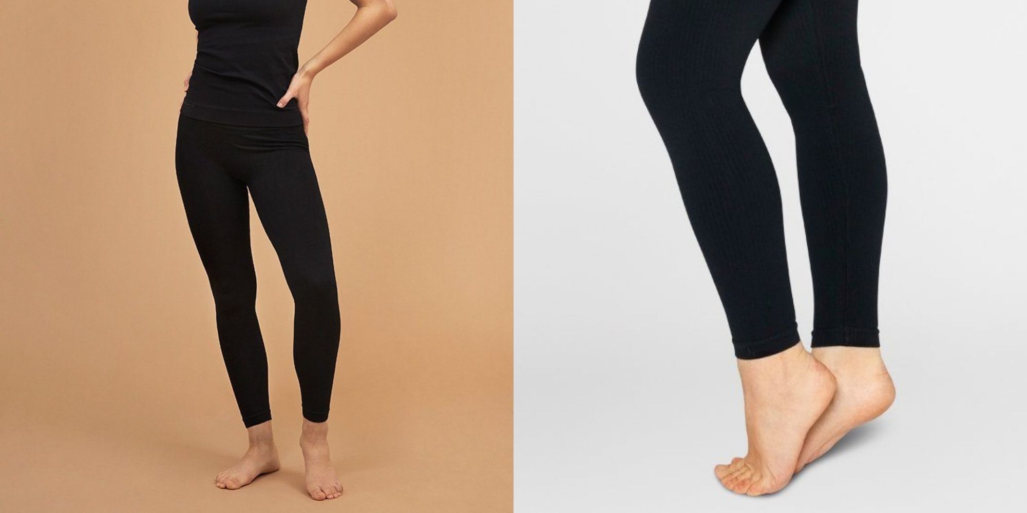Person wearing black opaque ribbed sustainable footless tights by Swedish Stockings.