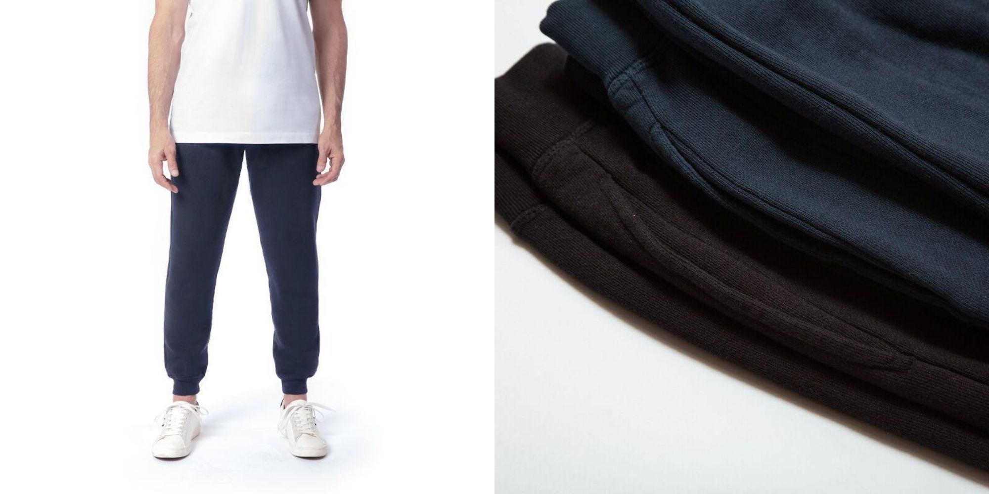 Person wearing dark navy ethical joggers made by The Classic T-Shirt Company.