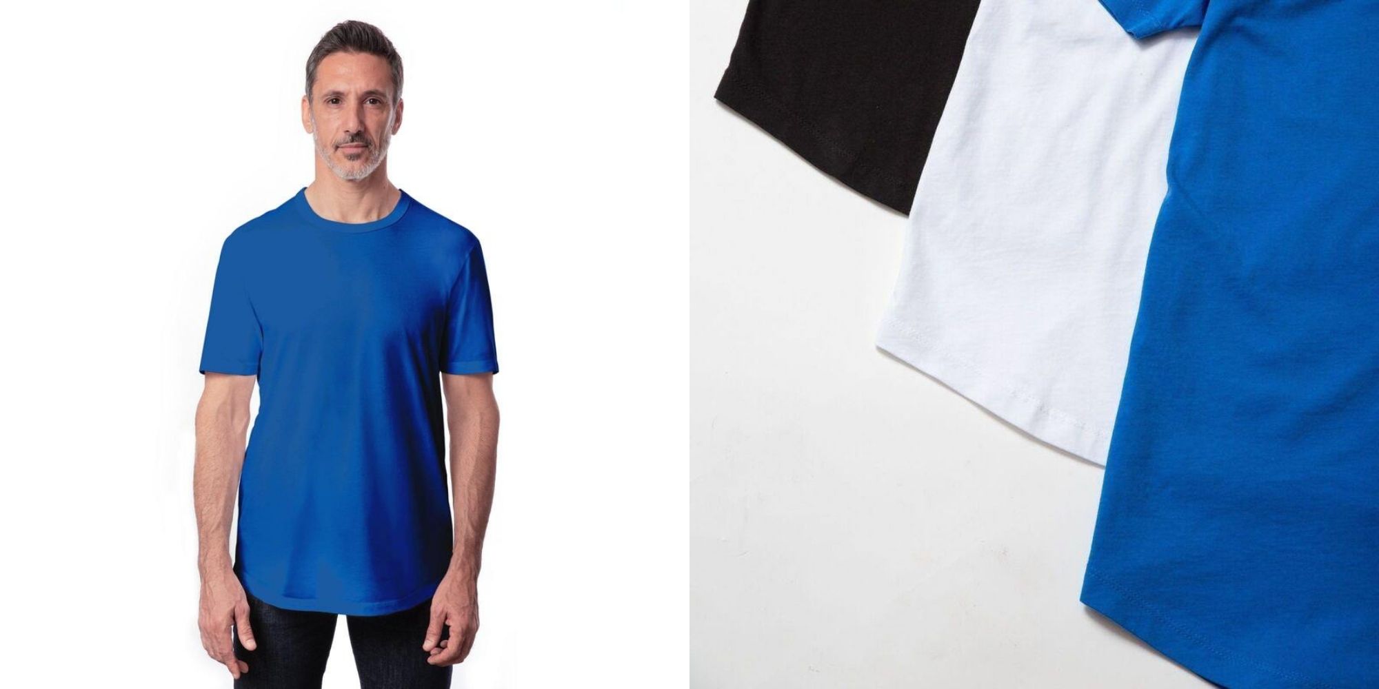 Person wearing The Classic T-Shirt Company's new princess blue colourway in a curved hem tee.