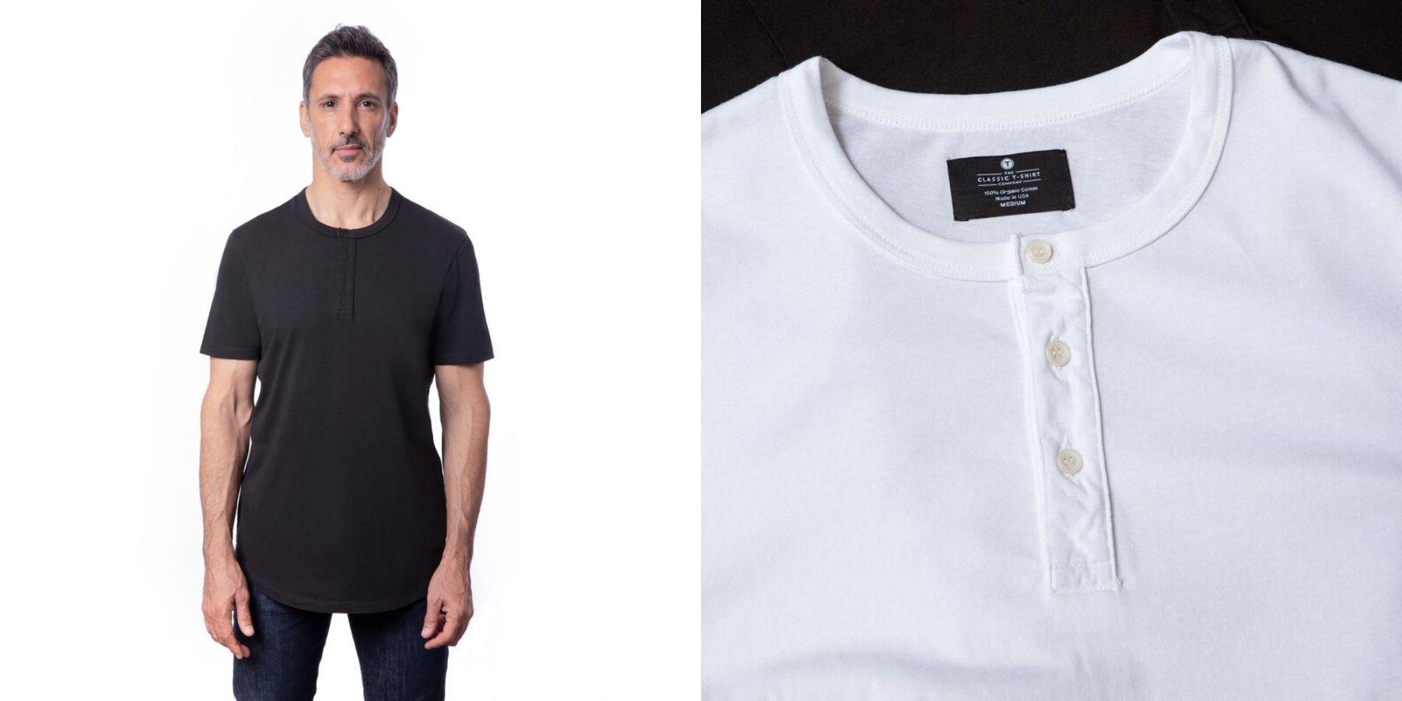 Person wearing a black Henley t-shirt, made by The Classic T-Shirt Company.
