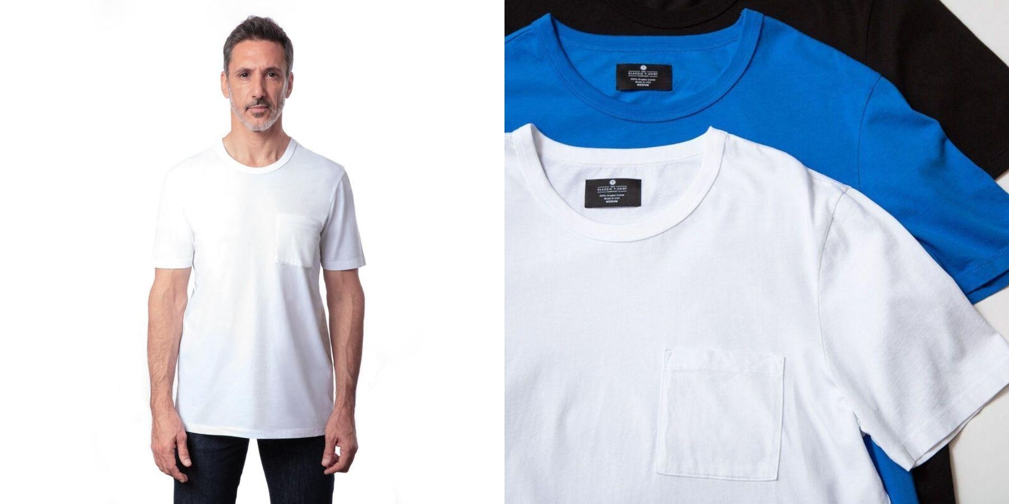 Person wearing a white short sleeve tee with a pocket, ethically made by The Classic T-Shirt Company.