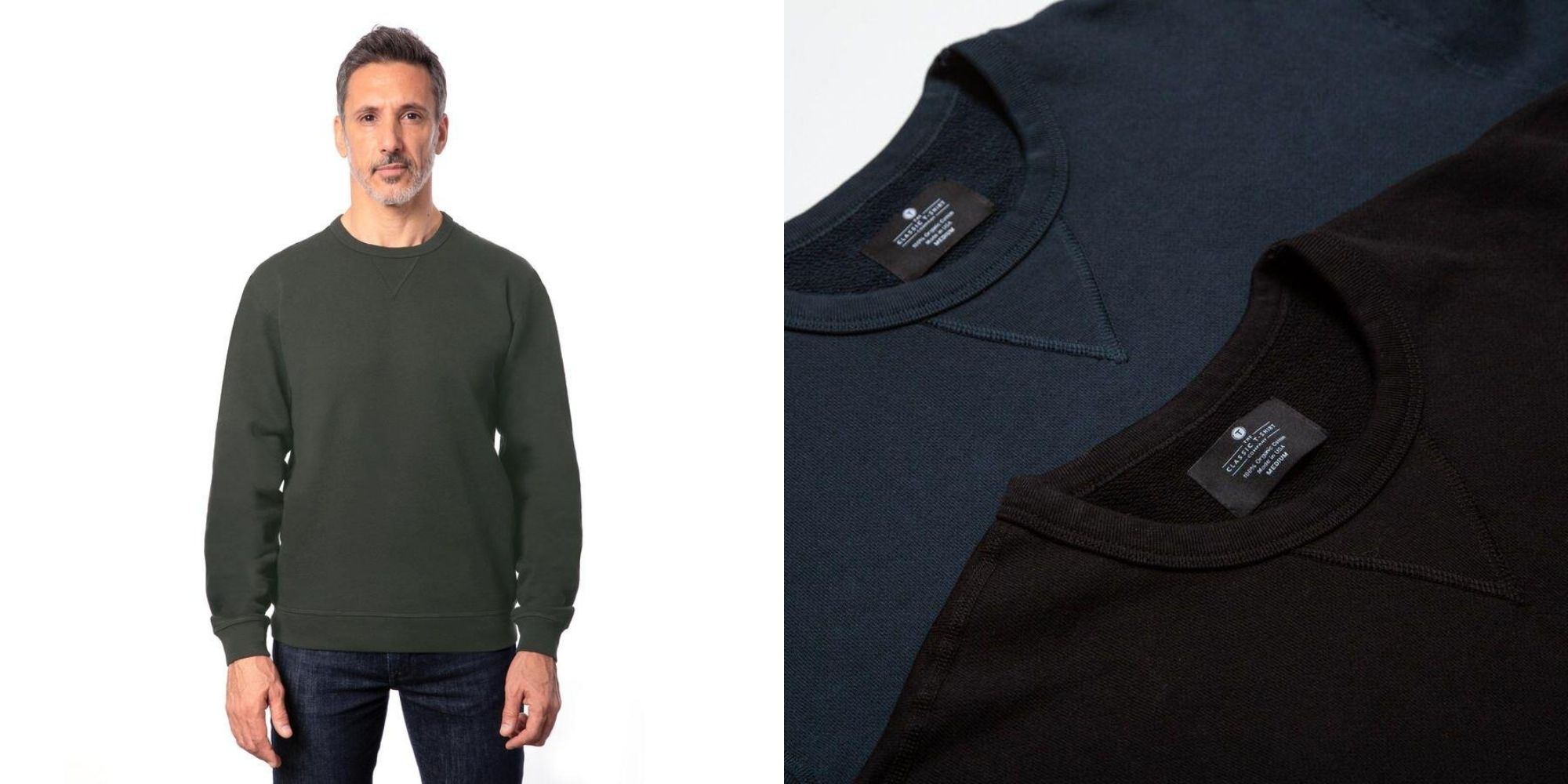 Person wearing an olive green sustainable sweatshirt by The Classic T-Shirt Company.