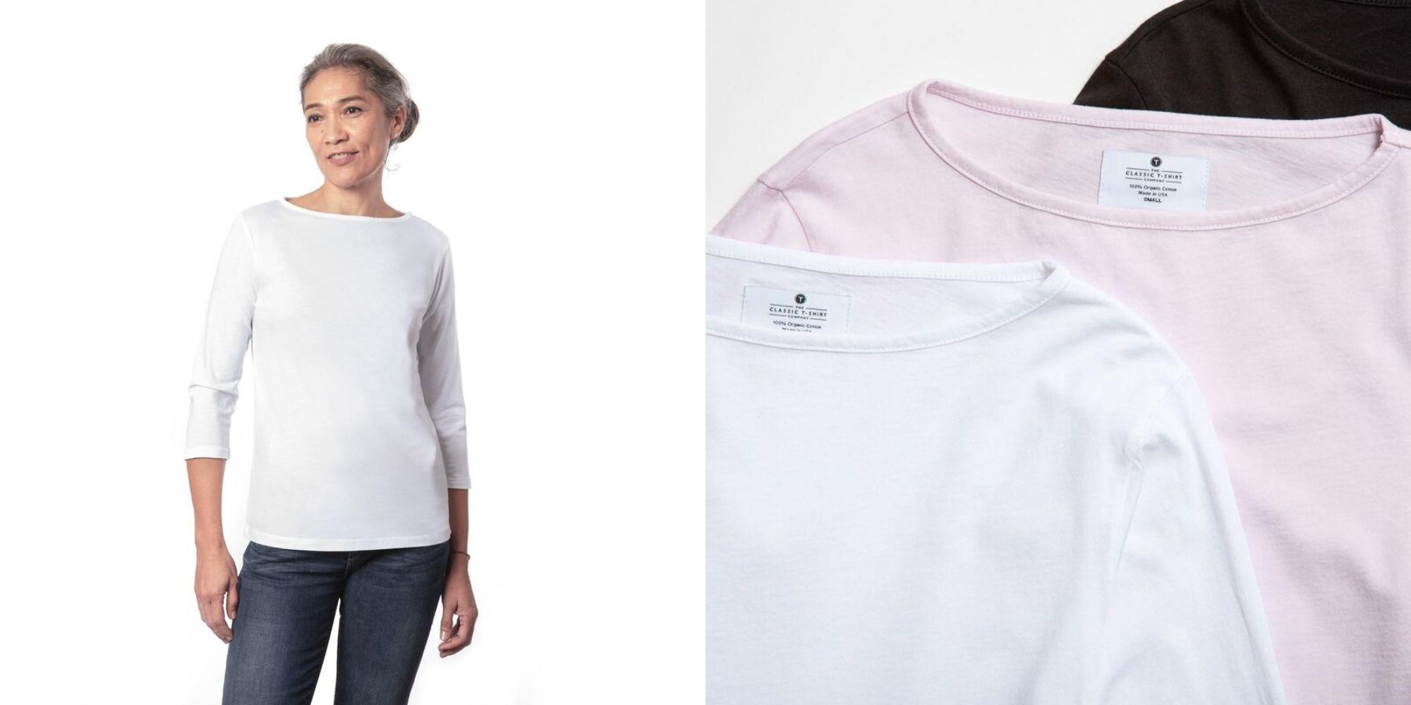 Person wearing a white boat neck 3/4 sleeve tee by The Classic T-Shirt Company.