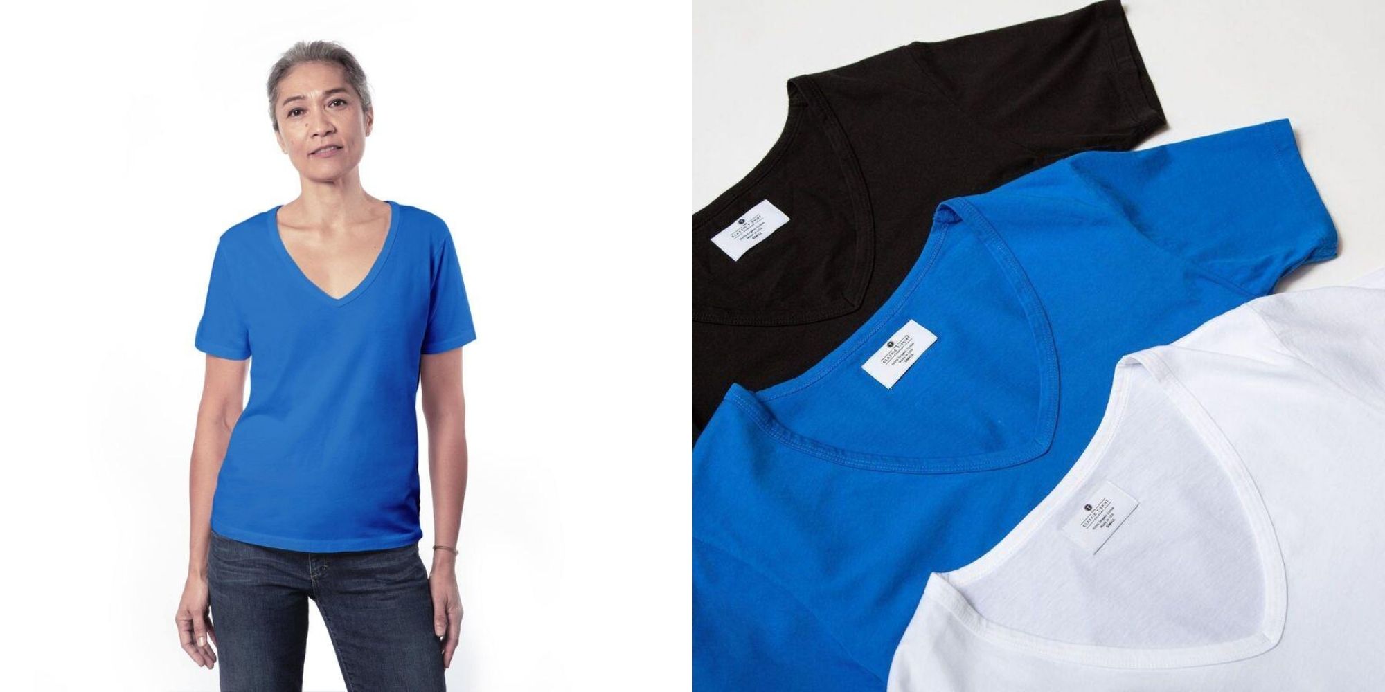 Person wearing a bright princess blue deep v-neck tee by The Classic T-Shirt Company.