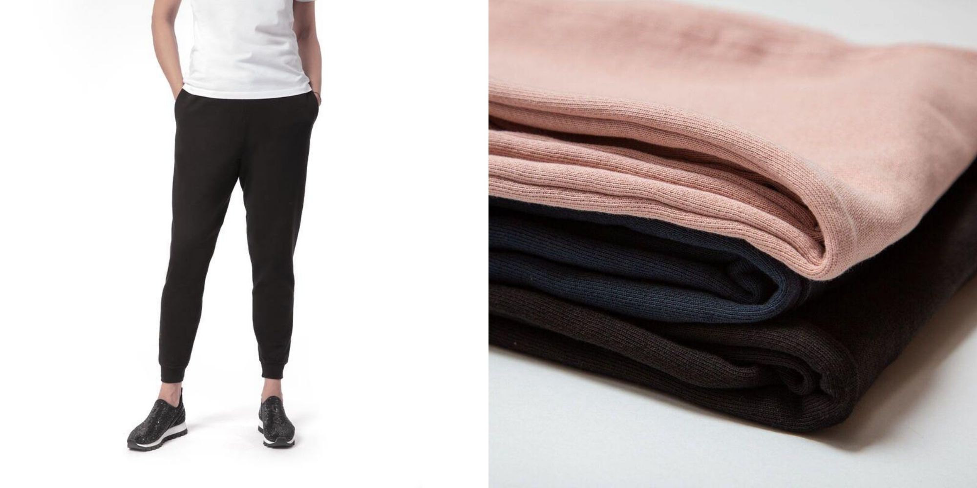 Person wearing black eco-friendly joggers made by US-based brand The Classic T-Shirt Company.